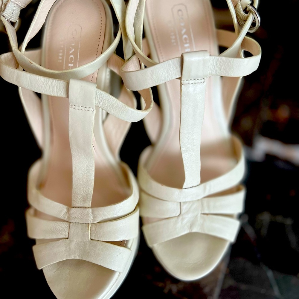 COACH Wedge Leather Sandals. Color: off white. Size 7.